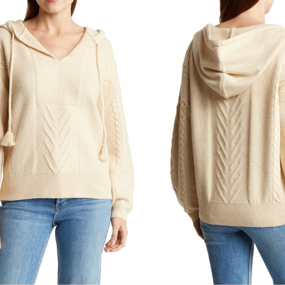 Industry Republic cable stitch hoodie V neck sweater in cream. Size small